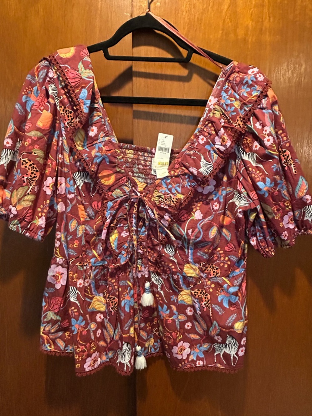 Maeve Burgundy Floral Tie-Front Puff Sleeve Blouse